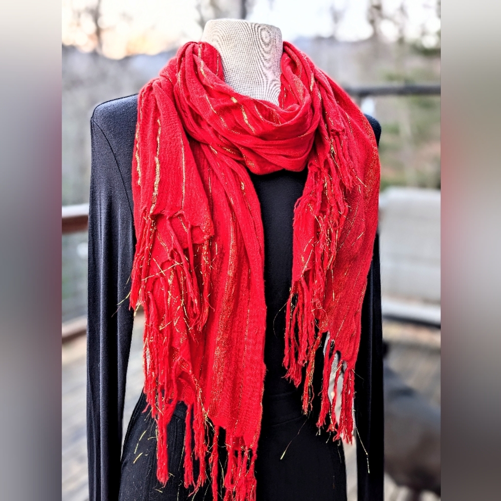 Shimmering Red Scarf With Gold Highlights